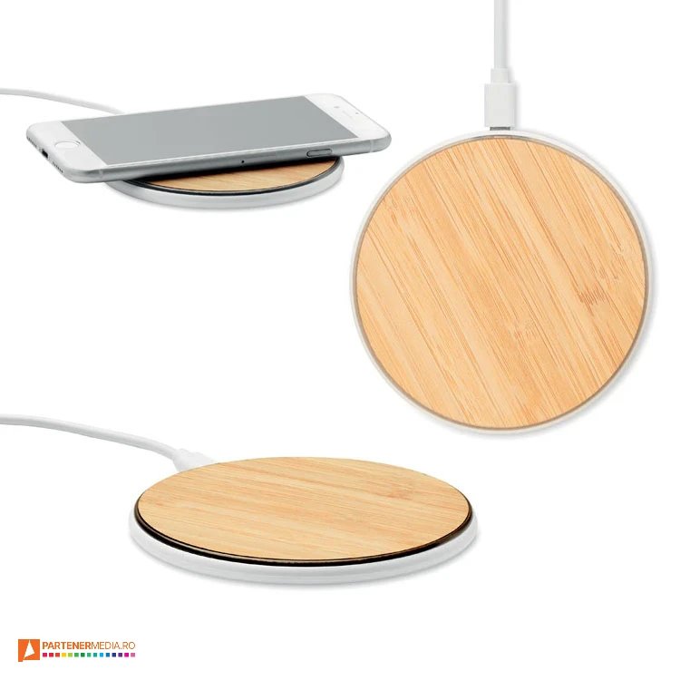 incarcatoare wireless rotunde de 15w din plastic si lemn mo6563