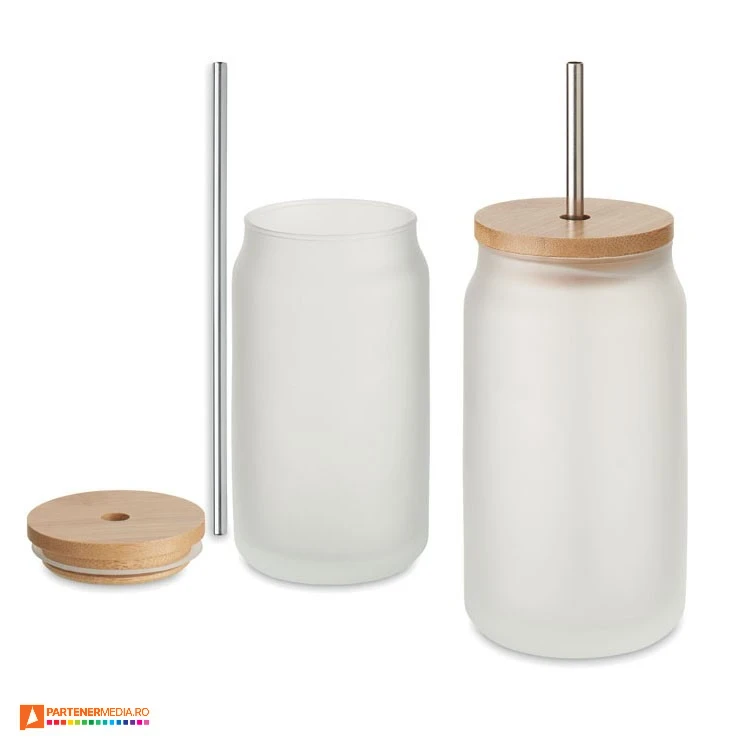Pahare de 400 ml pentru cocktail din sticla sablata cu capac din lemn si pai din otel inoxidabil pahere tip borcan din sticla cu pai inclus mo6919