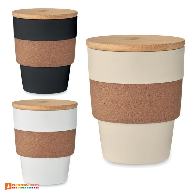 pahare de 300 ml din pp cu manson din pluta si capac din lemn mo6981