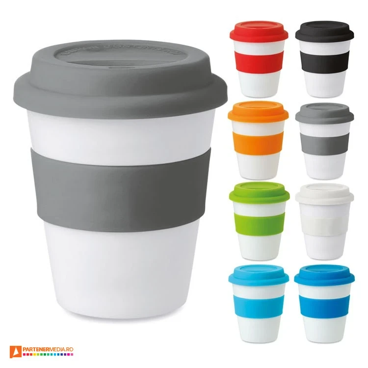 pahare albe din plastic cu manson si capac colorate din silicon mo8078