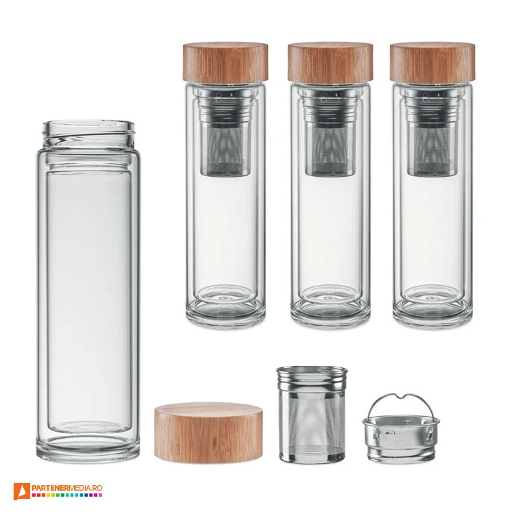 sticle promotionale cu infuzor metalic si capac din lemn mo9420