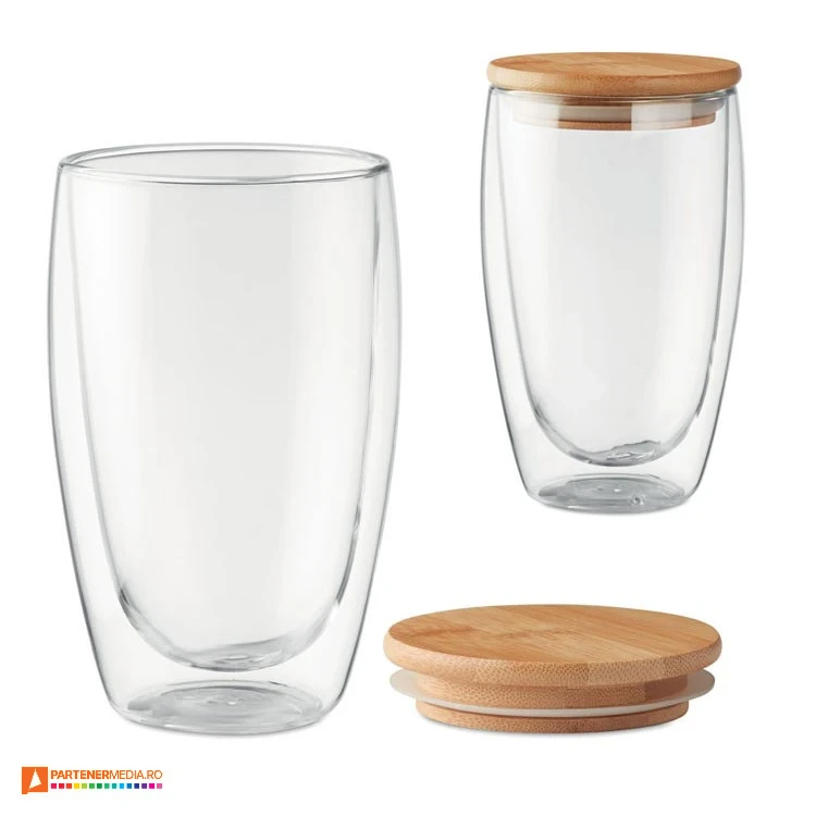 pahare de 450 ml din sticla cu pereti dubli si capac din lemn mo9721
