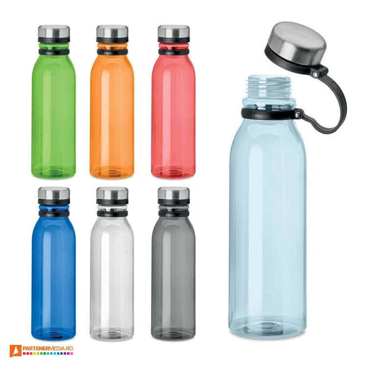 Sticle de 780 ml din PET reciclat cu capac din otel inoxidabil si banda de prindere bidoane promotionale din pet reciclat de 780 ml mo9940