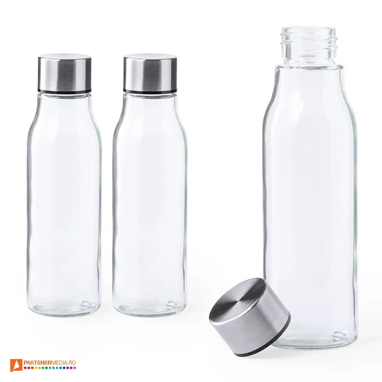 Sticle transparente de 550 ml cu capac argintiu din otel inoxidabil sticle transparente promotionale de 550 ml cu capac metalic 1053