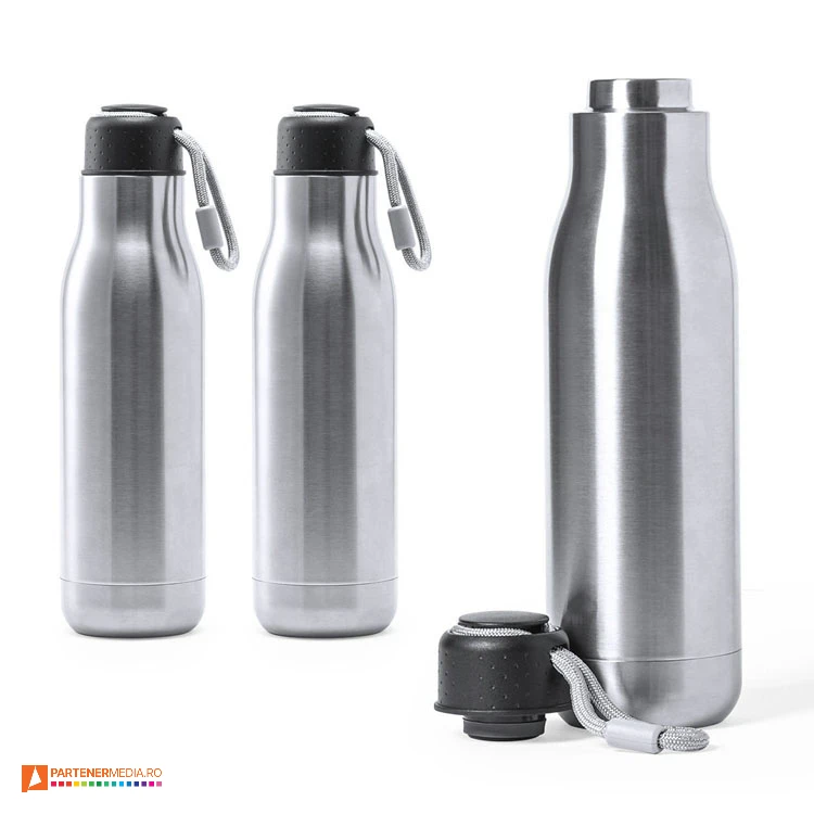 Bidoane termoizolante cu capacitate de 830 ml si snur de transport bidoane metalice argintii cu capacitate de 830 ml 1060