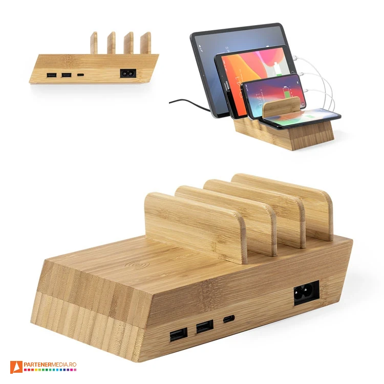 incarcatoare wireless si usb din lemn de bambus 1209