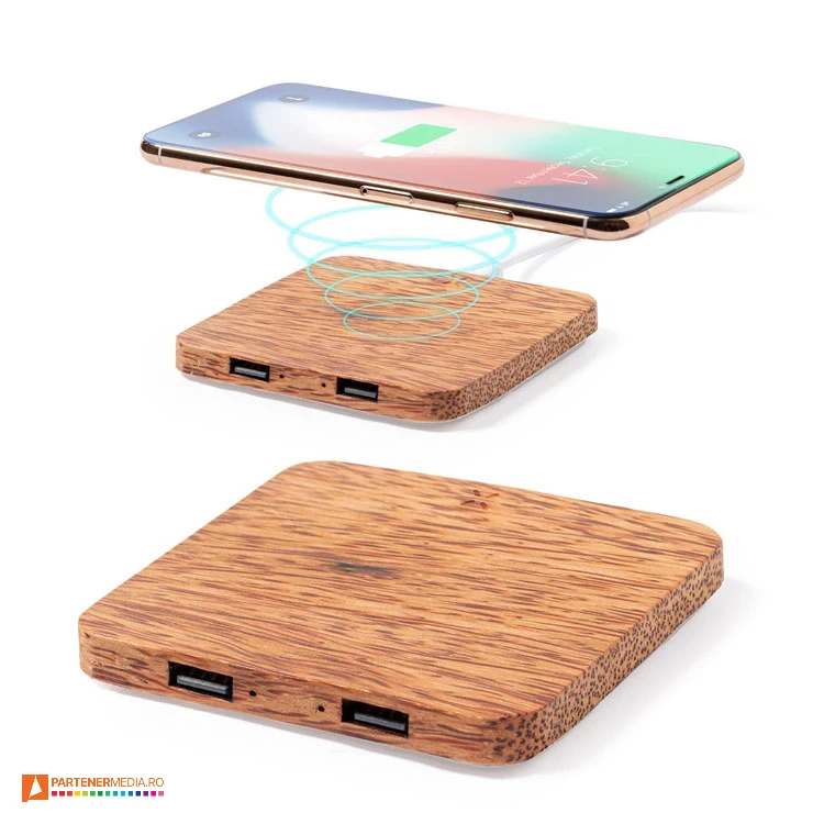 incarcatoare wireless din lemn de cocos cu 2 porturi usb 1420