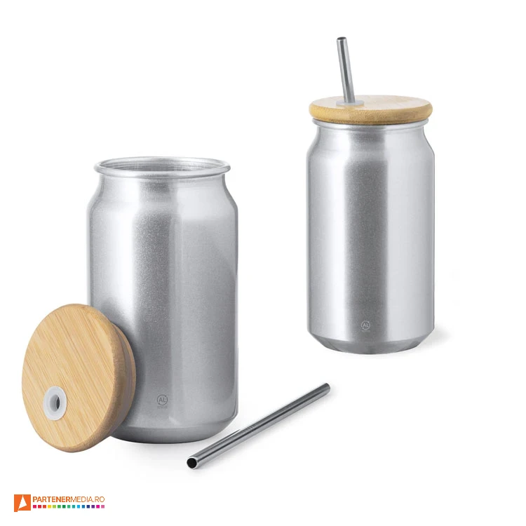 Pahare din aluminiu reciclat, cu capac din lemn de bambus si pai inclus pahare metalice promotionale cu pai inclus 20208
