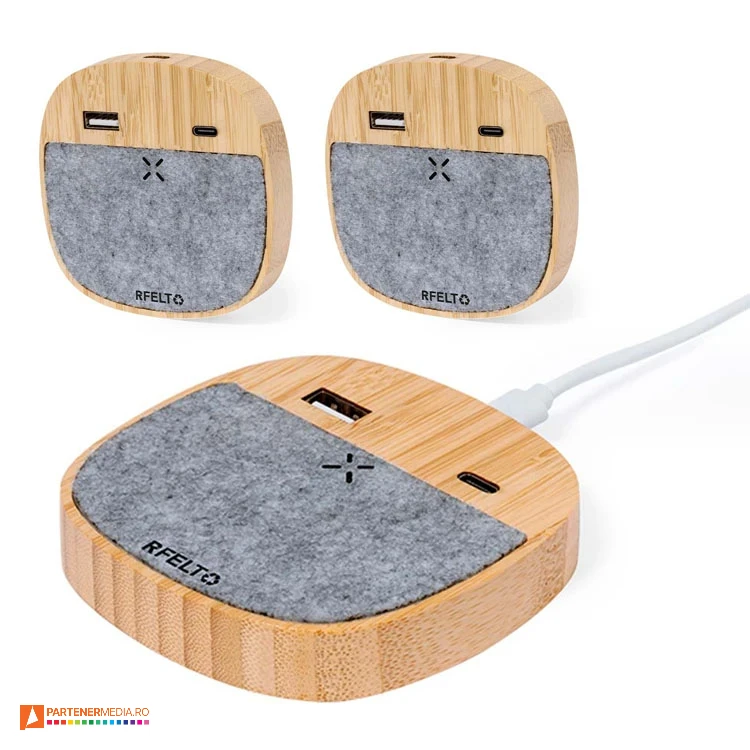 Incarcatoare wireless de 15W cu iesiri port USB-A si port USB-C incarcatoare wireless din lemn de bambus 20274