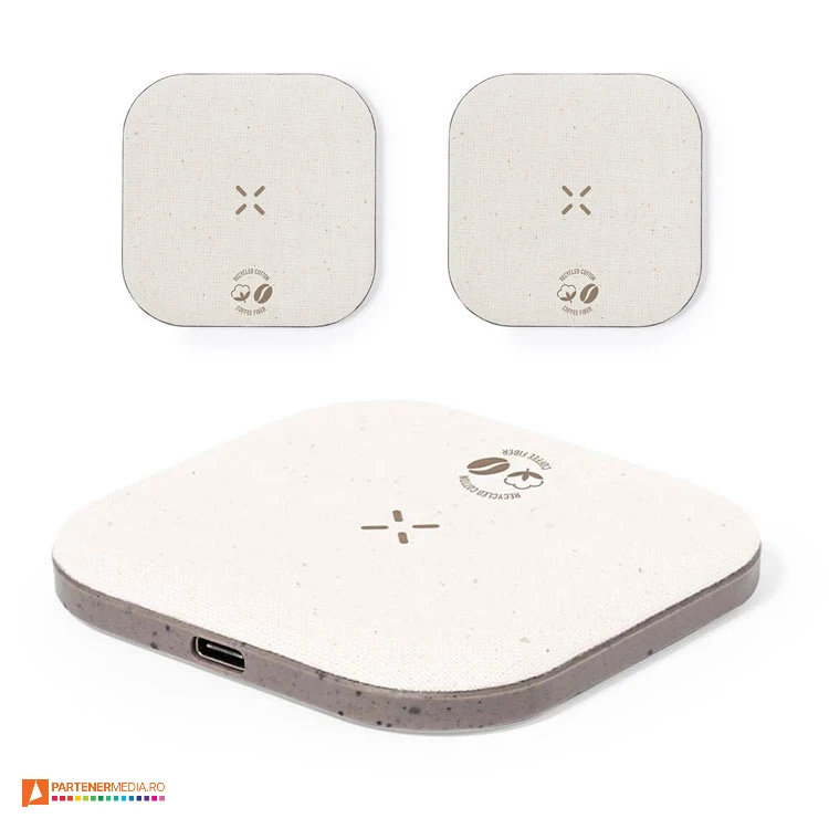 Incarcatoare wireless cu putere de 15W, din fibra de cafea si bumbac reciclat incarcatoare wireless promotionale ecologice de 15w 20278