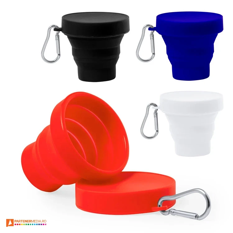Pahare pliabile din silicon cu capacitate de 160 ml si capac asortat pahare pliabile promotionale cu carabina inclusa 20702