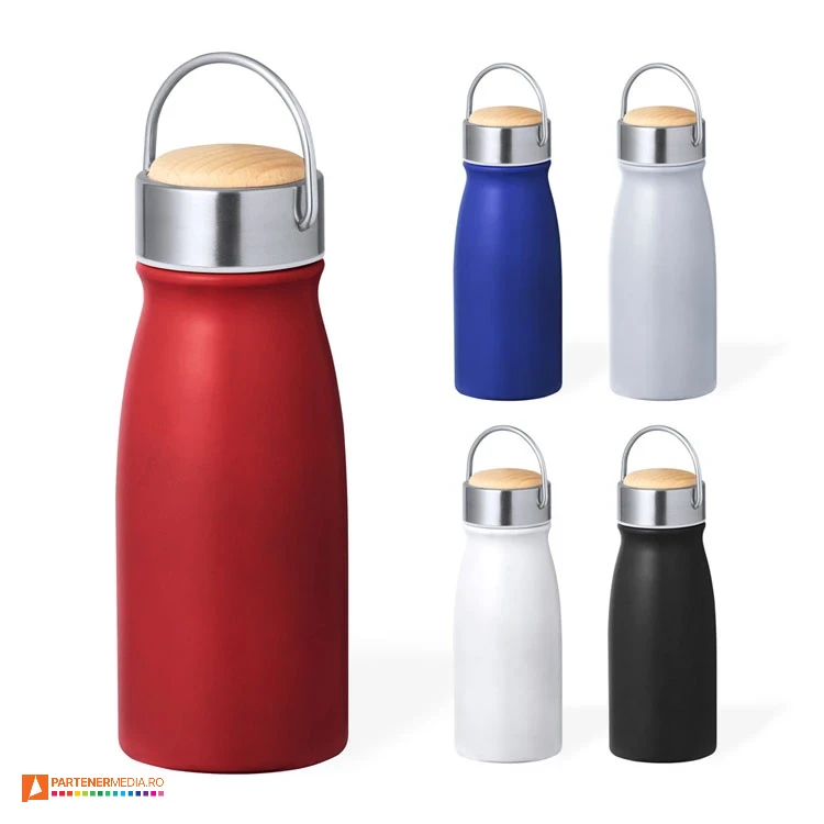 Sticle termice de 350 ml cu capac cu filet si accesoriu din lemn de bambus bidoane metalice termoizolante de 350 ml cu maner de transport 20710