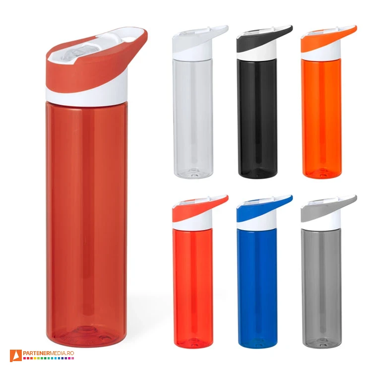 Bidoane cu capacitate de 600 ml, din plastic reciclat cu maner incorporat bidoane de 600 ml cu corp colorat si pai pliabil 20721