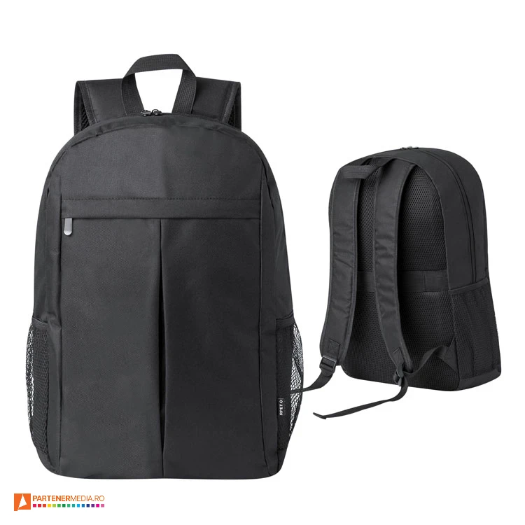 Rucsacuri din poliester reciclat, cu compartiment principal cu inchidere prin fermoar dublu rucsacuri promotionale cu buzunar buretat de laptop si tableta 20883