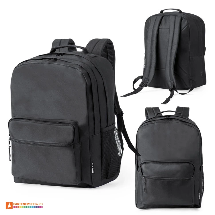Rucsacuri de laptop cu doua buzunare frontale cu inchidere prin fermoar rucsacuri negre promotionale din poliester reciclat cu design clasic 20884