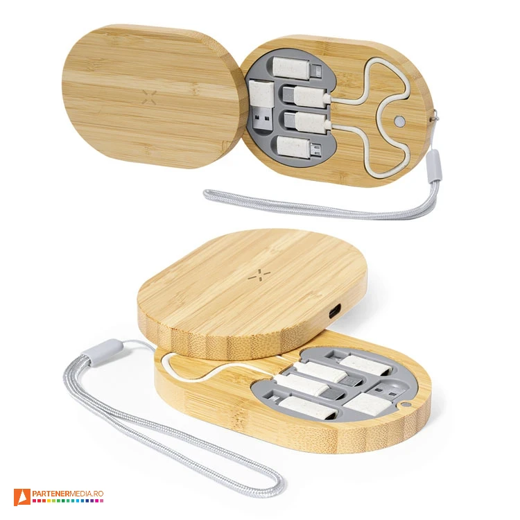 Incarcatoare wireless din lemn de bambus, cu cabluri USB de incarcare incarcatoare usb wireless cu cabluri usb 21204