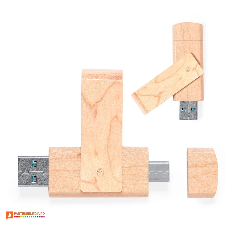 Memory stick-uri USB tip twister cu capacitate de 16 GB si conexiuni USB-A si USB-C stick uri usb promotionale din lemn cu usb a si usb c 21212