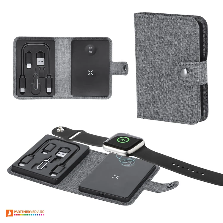 Statii de incarcare din poliester reciclat 300D, cu incarcator wireless de 15 W si cablu USB-C seturi de incarcare usb cu coperti din poliester 21323