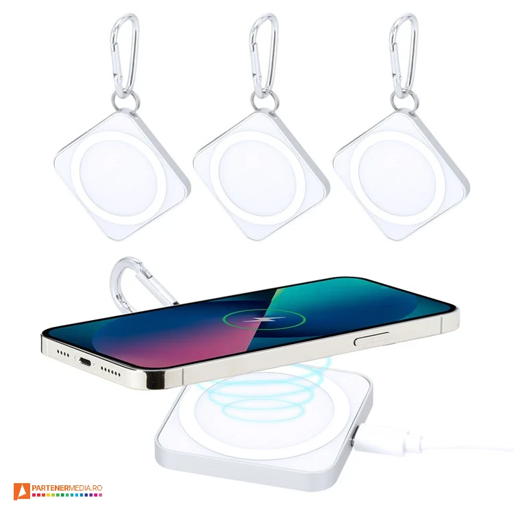 Incarcatoare wireless cu putere de 15W si sistem de fixare magnetica incarcatoare wireless promotionale cu carabina 21390