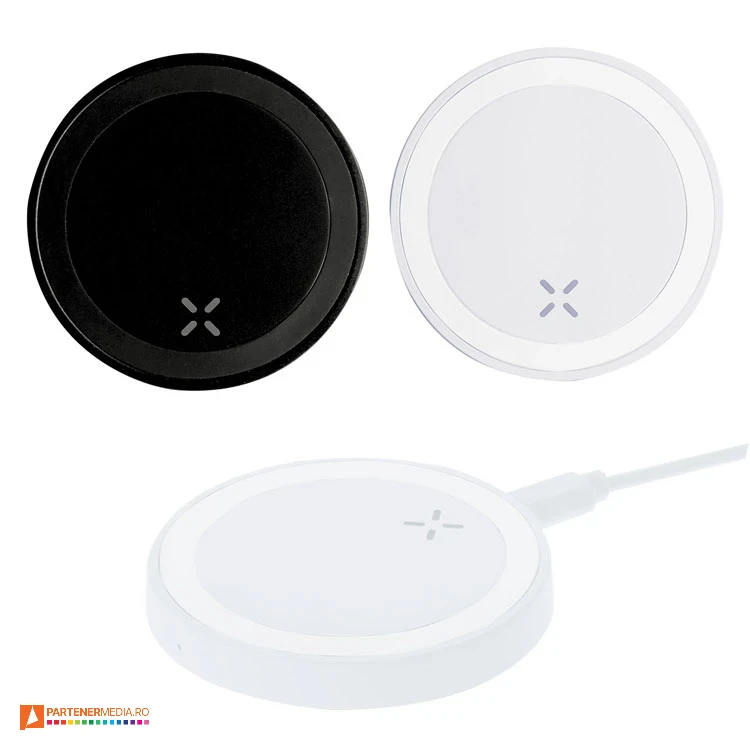 Incarcatoare promotionale wireless din plastic reciclat, cu putere de 15W si forma rotunda incarcatoare rotunde wireless din plastic de 15w 21763