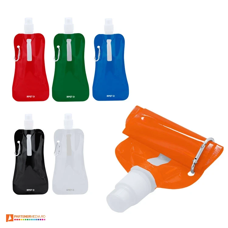 Bidoane pliabile din plastic reciclat, cu capacitate de 400 ml recipiente pliabile promotionale din plastic reciclat cu carabina 21819