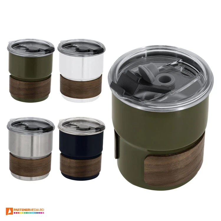 Pahare cu capacitate de 250 ml si capac transparent cu orificiu de baut pahare promotionale metalice cu orificiu pentru pai 21902