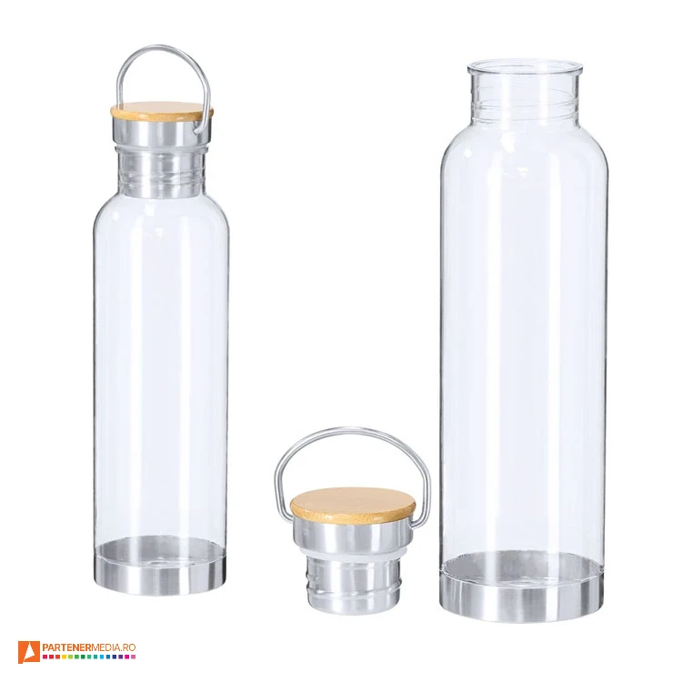 Sticle promotionale transparente cu capacitate de 800 ml si baza din otel inoxidabil sticle de 800 ml cu maner de transport 22031