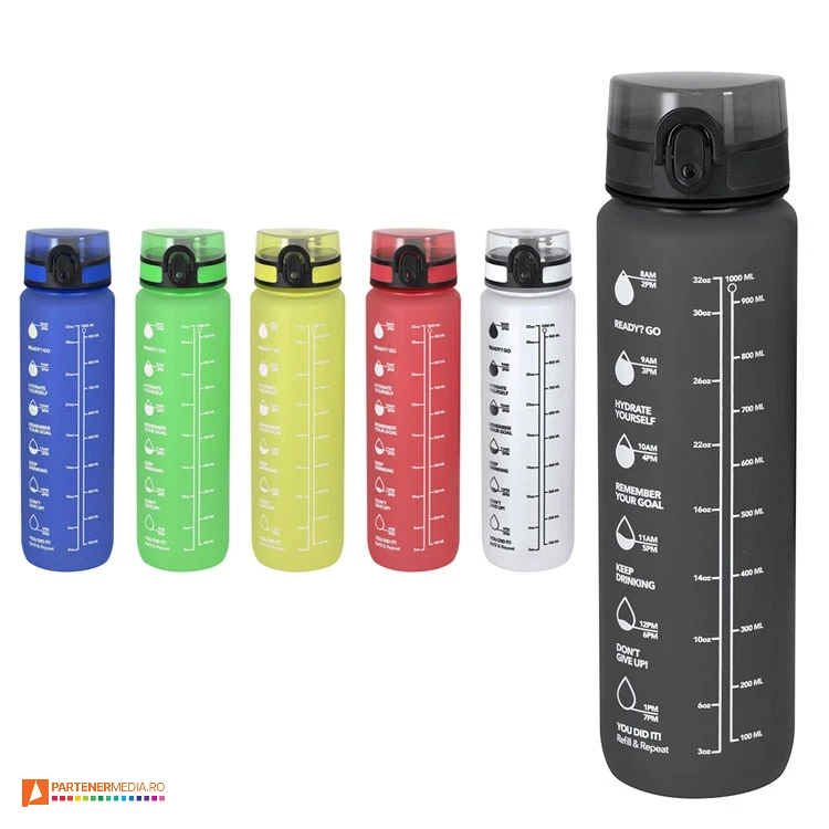 Bidoane de 1 litru cu capac negru cu filet si deschidere prin buton bidoane din plastic cu gradatii in mililitri 22061