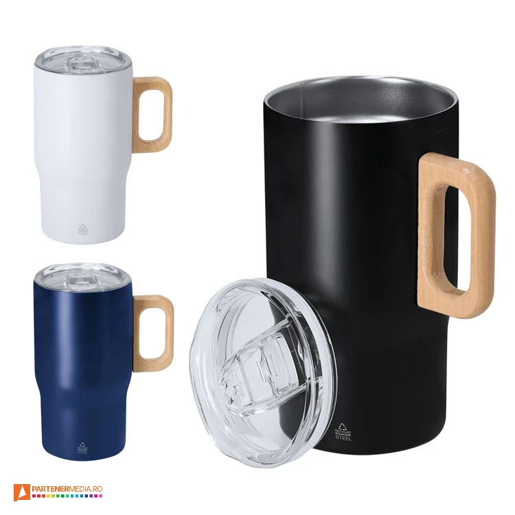 Cani termoizolante cu capacitate de 400 ml, din otel inoxidabil reciclat cu maner rigid din lemn cani termoizolante promotionale cu maner din lemn 22062