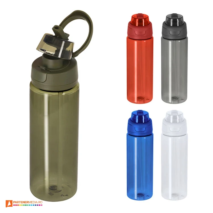 Bidoane de 750 ml cu suprafata colorata translucida si sistem dublu de baut bidoane promotionale cu pai si protectie antiscurgere 22364