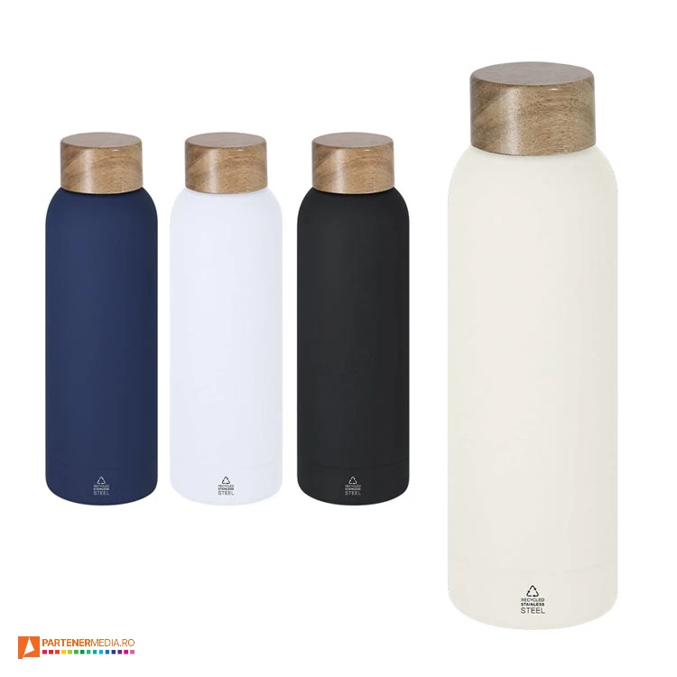 Bidoane de 700 ml cu capac din lemn de salcam si inchidere prin filet bidoane metalice promotionale cu suprafata cauciucata 22398