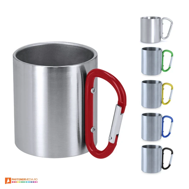 Cani din otel inoxidabil cu capacitate de 220 ml si maner de tip carabina cani metalice arginti cu carabina colorata 4509