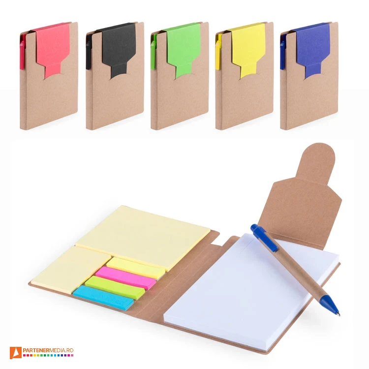 Carnetele A6 cu coperti din carton reciclat si pix cu pasta albastra de scris blocnotesuri promotionale cu etichete colorate 4887