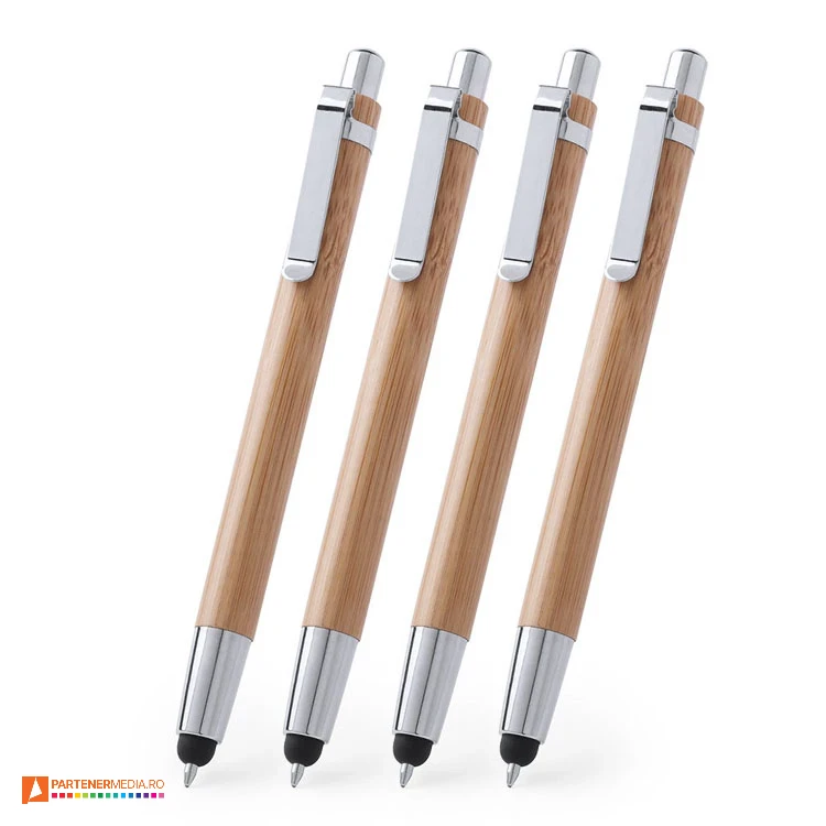 Pixuri din lemn de bambus cu touch-pen si mecanism de deschidere prin apasare pixuri din lemn cu varf touch pen 5261