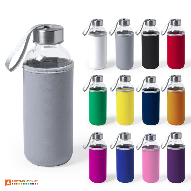 Sticle transparente cu capacitate de 420 ml si husa colorata din neopren sticle promotionale cu husa colorata din neopren 5513