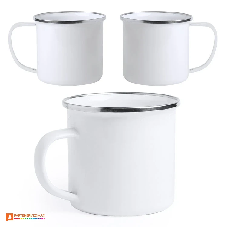 Cani din metal cu capacitate de 380 ml si dimensiuni 8.8 x 7.9 cm cani albe metalice sublimabile cu design vintage 6111
