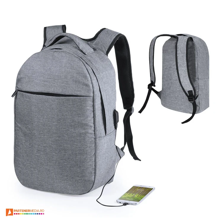 Rucsacuri de laptop din poliester 300D, cu buzunar frontal cu fermoar ascuns iesire USB rucsacuri promotionale de laptop cu iesire usb si protectie rfid 6215