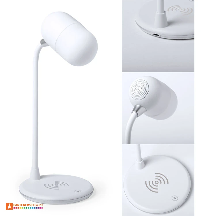Lampi multifunctionale promotionale cu 14 LED-uri, cu boxa audio si incarcator wireless lampi de birou cu boxa audio si incarcator wireless 6268