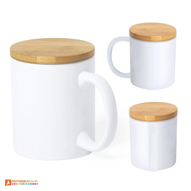 cani ceramice albe cu capac din lemn de bambus 6586 cani ceramice albe cu capac din lemn de bambus 6586 poza 1