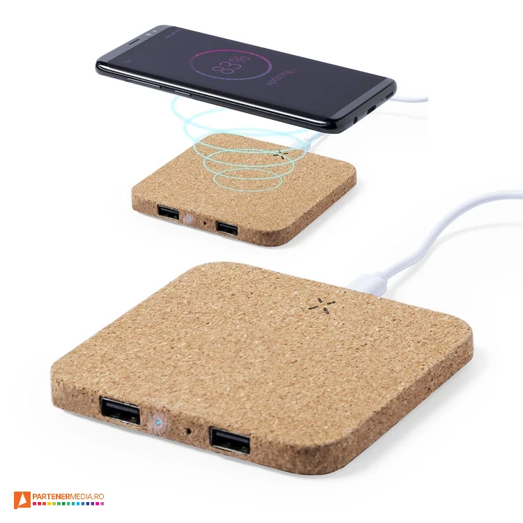 Incarcatoare wireless promotionale de 10W din pluta cu 2 porturi USB si forma patrata incarcatoare wireless din pluta cu forma patrata 6739