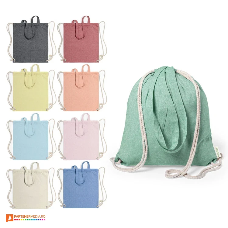 Rucsacuri colorate drawstring din bumbac reciclat cu manere tip sacosa rucsacuri drawstring cu manere lungi tip sacosa 6833