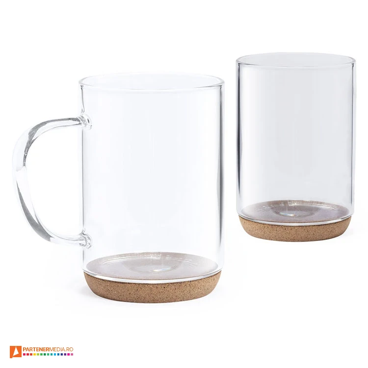 Cani din sticla transparenta cu capacitate de 450 ml si design elegant cani promotionale din sticla cu baza din pluta 6865