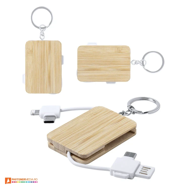 Brelocuri din lemn cu design compact si 3 cabluri USB - USB Type-C, micro USB si Lightning brelocuri din lemn cu cabluri usb de incarcare 6925