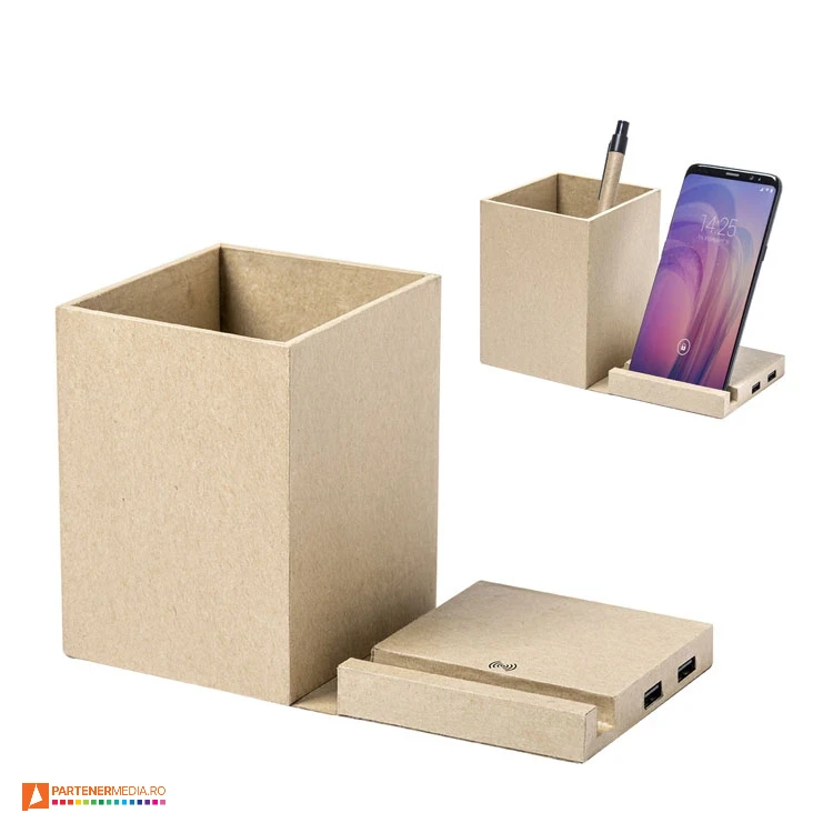 Suporturi multifunctionale ecologice cu incarcator wireless si 2 porturi USB suporturi ecologice de pixuri cu incarcator wireless 6928