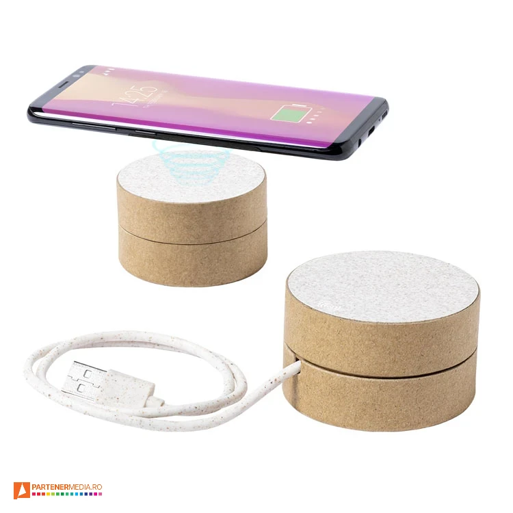 Incarcatoare wireless ecologice cu forma rotunda si cablu din paie de grau incarcatoare wireless ecologice din carton reciclat 6929