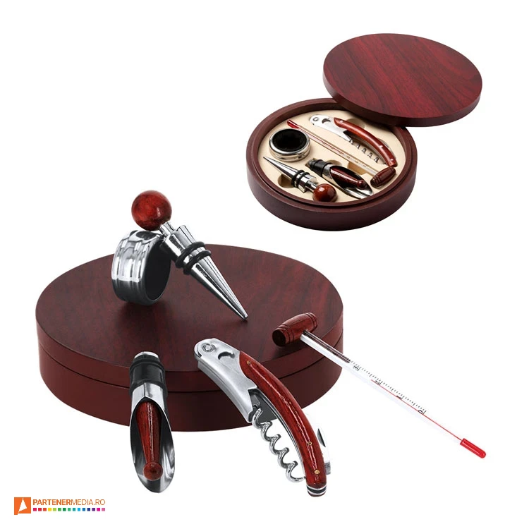 seturi de accesorii pentru sticle de vin in cutie rotunda din lemn 9648 seturi de accesorii pentru sticle de vin in cutie rotunda din lemn 9648 poza 1