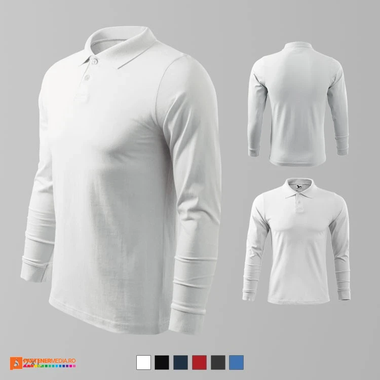 tricouri polo albe barbatesti din bumbac cu maneci lungi ad211 poza 2
