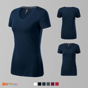 tricouri bleumarin de dama slim fit din bumbac si elastan cu guler in v ad701 poza 3