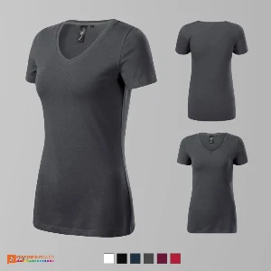 tricouri gri de dama slim fit din bumbac si elastan cu guler in v ad701 poza 4