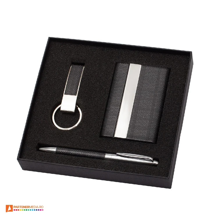 Seturi de port carduri cu rama metalica, pix cu pasta albastra si breloc seturi de cadou pix portcard si breloc cu design elegant r01061